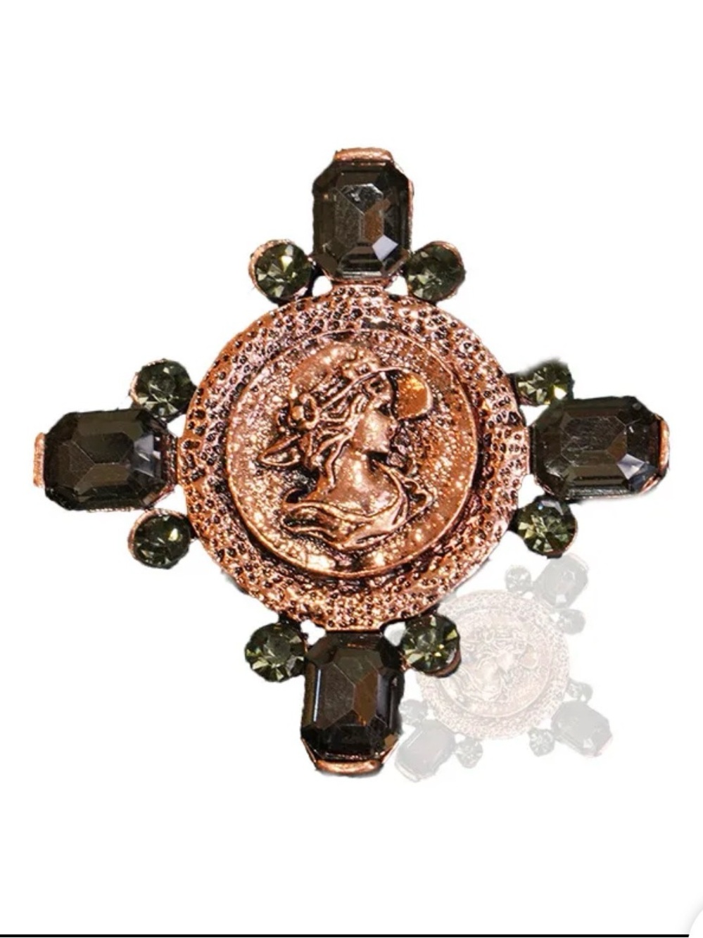 Vintage Style Cameo Brooch | Smoky Crystal Cross Pin Rose Gold Tone